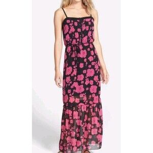 Kensie Dress Women's Junior Sz XL Maxi Black Pink Floral Chiffon Tiered Lined